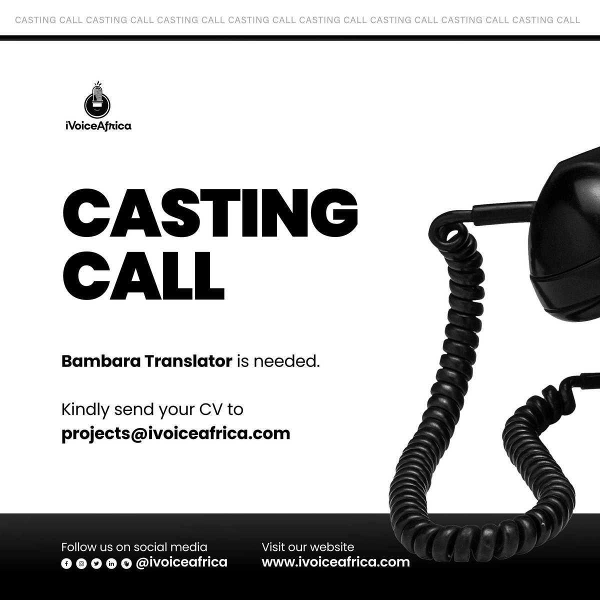 ivoiceafrica's tweet photo. Casting Call - #BambaraTranslator
Kindly send blind CV to the email.
#castingcall #voiceoverjobs #voiceoverneeded #ikatranslator #translator #translations #mali #bambara https://t.co/LTduG8exzR