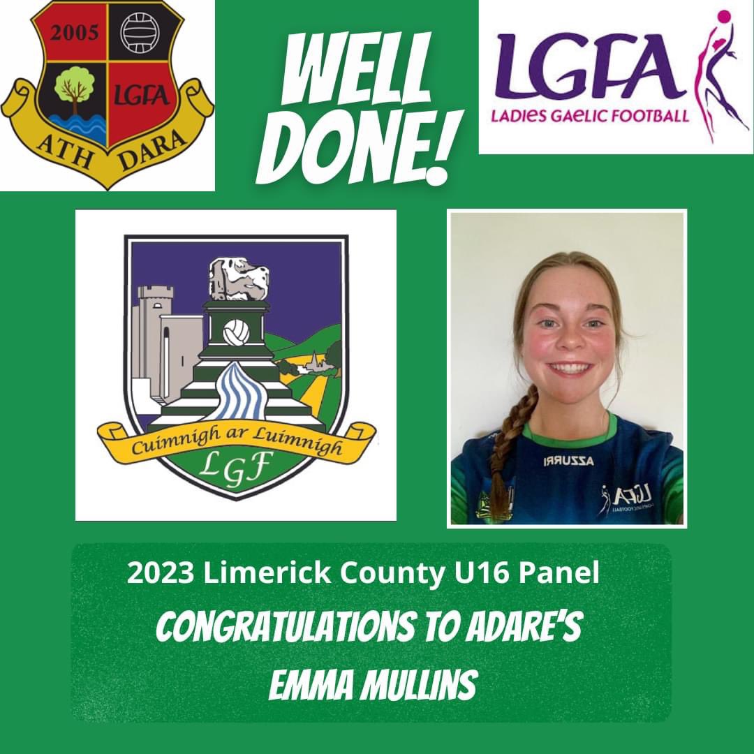 AdareLGFC's tweet photo. ❤️🖤Comhghairdeas 🥳
Congratulations and best wishes to Adare’s Emma Mullins who has been named on the Limerick County U16 Football Panel for 2023! 🟢⚪️
Táimíd chomh bródúil 🤗
We are all so proud ❤️🖤🏐

#ÁthDaraAbú #limericklgfa #countyplayer #SupportingOurGirls https://t.co/k1TvmznQeQ