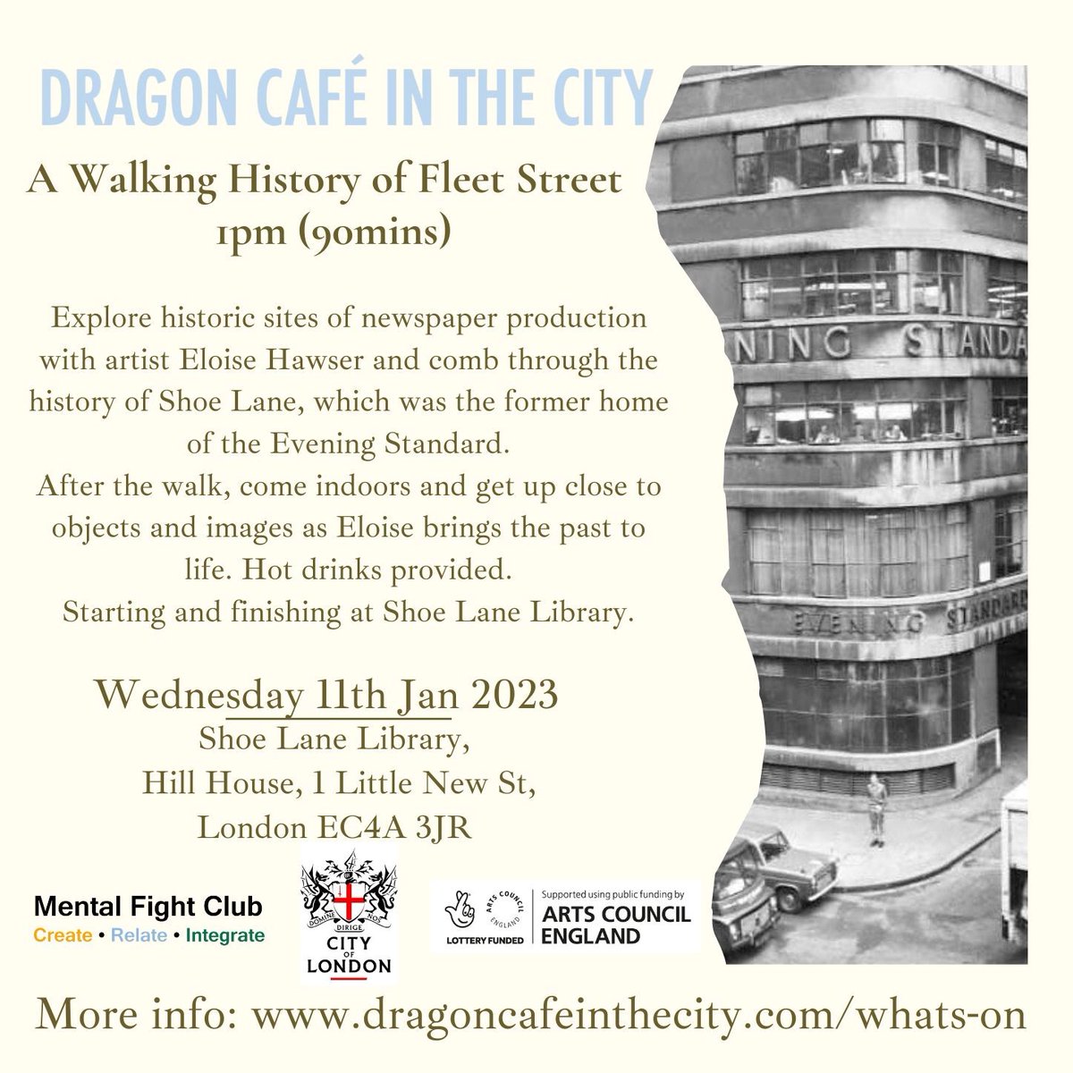 dragoncafecity's tweet photo. Join us this Wednesday for an afternoon full of events - including this walking tour with artist Eloise Hawser on the history of Fleet Steet!
This @ace__london funded tour will start and finish at @ShoeLaneLib, and will talk about the fascinating press history of Shoe Lane. https://t.co/RKCdF3c5Kl