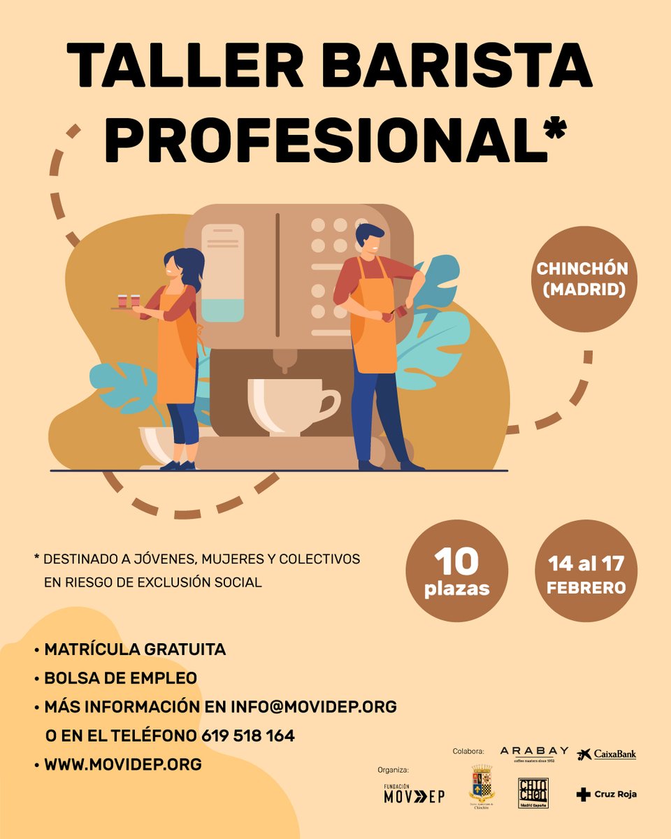 Formación | Barista
Taller que se impartirá en #Chinchón -Boutique Ciclista <a href="/SportVinci/">Vinci Active Sport</a> 
Inscripción gratuita
Contacta con nosotros para + info en info@movidep.org 
Gracias a @CaixaBank <a href="/ArabayCoffee/">#ArabayCoffee</a> <a href="/CruzRojaEsp/">Cruz Roja Española</a> <a href="/ChinchonAyto/">Ayuntamiento de Chinchón</a> por su colaboración