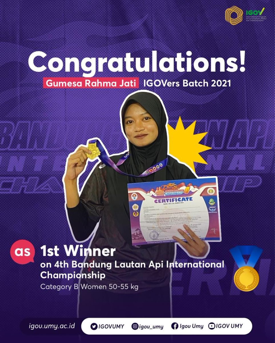 IGOVUMY's tweet photo. Hollaa IGOVers!!

"Mens Sana in Corpore Sano" 😎
We have a good news for you!! One of our friends just won 1st Place on 4th Bandung Lautan Api International Championship�!!

Congratulations for Gumesa Rahma Jati from batch 2021. https://t.co/SUGDih07G3