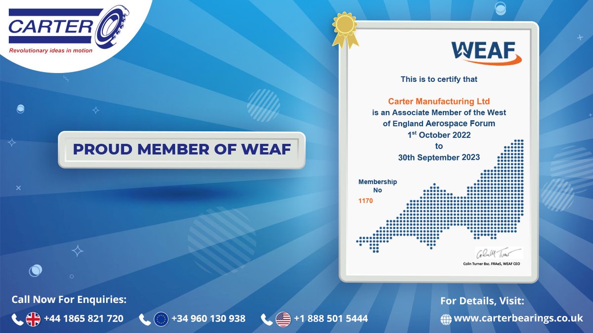 carterbearings's tweet photo. Carter Manufacturing Ltd. is a proud member of the West of England Aerospace Forum (WEAF), which is a focal point for advanced engineering, defence, and aerospace fields, for over 20 years.
#Carterbearings #Cartermanufacturing #WEAF #proudmember #customaerospacebearings https://t.co/cam3nQVd0E