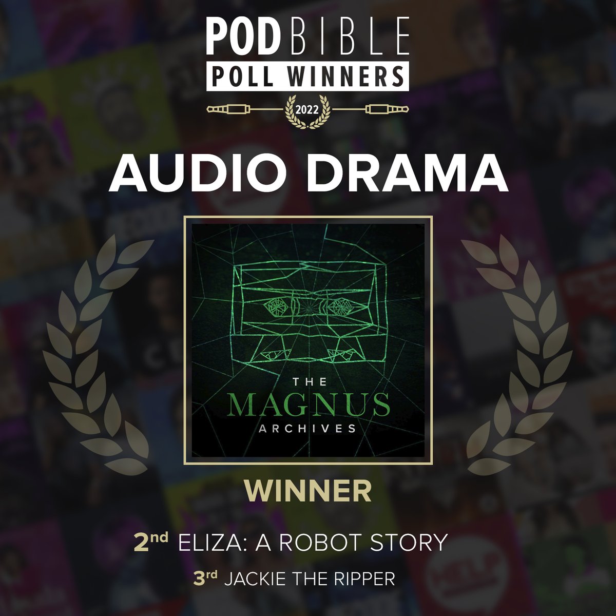 podbible's tweet photo. Pod Bible Poll Winners 2022!
BEST AUDIO DRAMA PODCAST
Winner: The Magnus Archives (@TheRustyQuill)
2nd: Eliza: A Robot Story (@_crowdnetwork)
3rd: @JackieRipperPod (@StakPod)
Read more about our winners - https://t.co/ZVGqiANPYr
#podcastsoftheyear https://t.co/jDpDhEOgnC