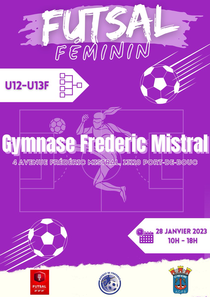 Le District de Provence organise une journée Futsal qui se déroulera à Port-de-Bouc, au gymnase Frédéric mistral (4 Avenue Frédéric Mistral, 13110 Port-de-Bouc) le samedi 28 janvier 2023 pour toutes les équipes U12-U13 F du département.

Pour plus d'infos 
provence.fff.fr/simple/journee…