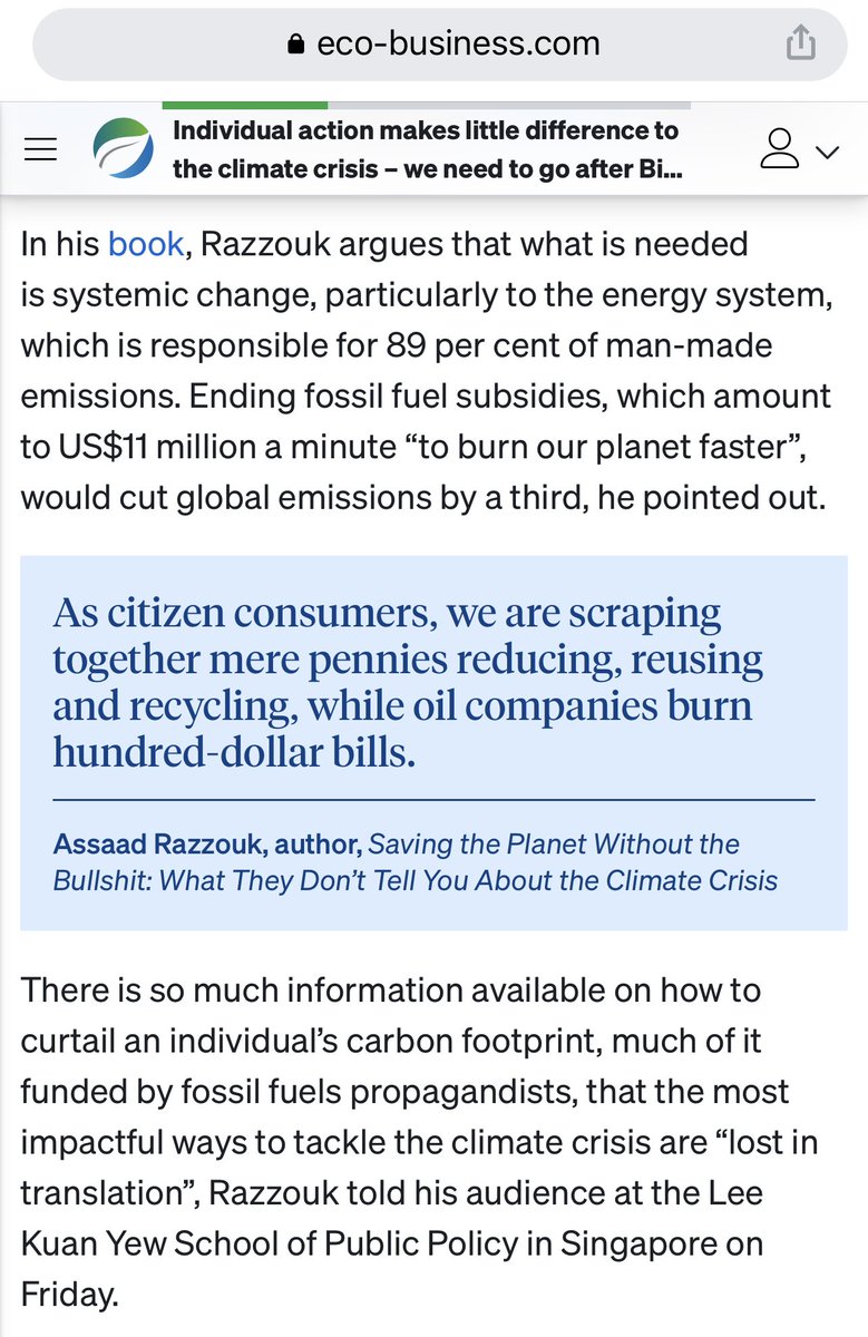 AssaadRazzouk's tweet photo. “Individual action makes little difference to the climate crisis – we need to go after Big Oil, end [massive] fossil fuel subsidies and [make environmental harm prohibitive]”

My book, “Saving the Planet Without the Bullshit” featured on @ecobusinesscom 

https://t.co/lw3IdGO8xH https://t.co/yffu9QSWKB