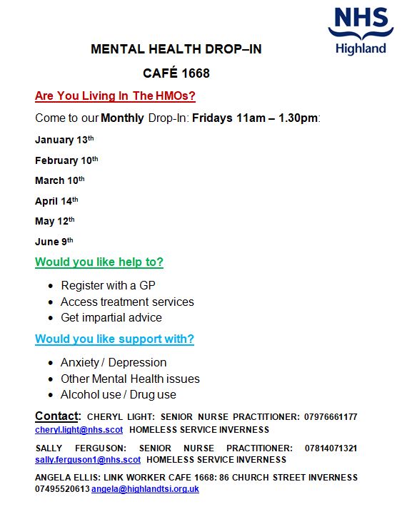 Good morning! Please see below details of our monthly drop in clinics run in collaboration with Cafe 1668. The first one of 2023 is this Friday 13th January! Please drop in and have a chat with Cheryl, Sally or Angela 😃