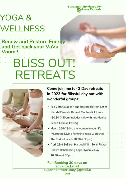 Susannah Morrissey (Class 1992)
Founder - OM Wellness
Enhance your Health and Well-being for 2023 🧘‍♀️ 
New year retreats for anyone who's seeking a little headspace, fresh air, and inspiration..
BLISS OUT RETREATS 👇
#pastpupil #femalebusinessowner #newbridgecollege #Mindfulness