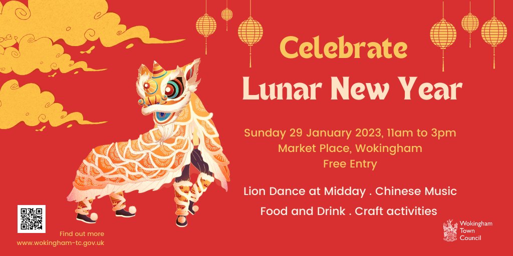 Really looking forward to this! The Lion Dance is coming to #wokingham to help us celebrate Lunar New Year on Sun 29th Jan. Also East Asian music, arts, crafts and street food. 11-3pm Market Place. See 👉wokingham-tc.gov.uk/lunar-new-year/ #LunarNewYear #Wokinghamevents