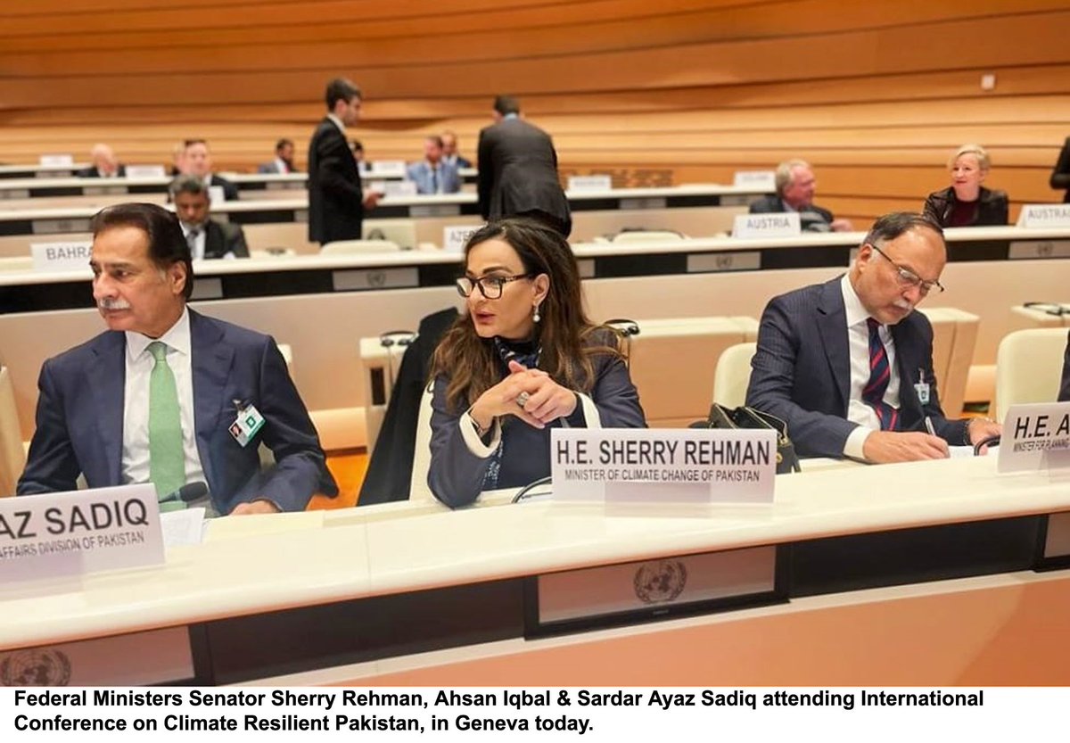 RadioPakistan's tweet photo. Minister for Climate Change @sherryrehman addressing inaugural session of Int'l Conference on Climate Resilient Infrastructure in Geneva stressed for timely &amp; agile investments to build necessary shields &amp; defenses to better cope with #ClimateCrisis 
https://t.co/KNTlHKBbRP https://t.co/WUfQa7uQbW