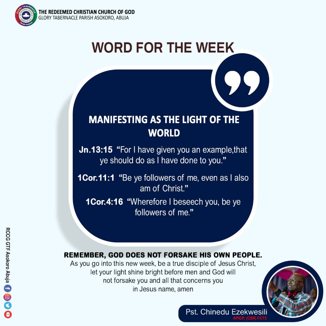 Rccgglorytabern's tweet photo. Word For The Week by
@PstChineduEzekwesili
APICP (CSR), FCT 3
@obyezeks, @psalmsong1, @@kayceeaj, @neduezeks, @Ujubuonu, @aolubuyi, @Bobodee1, @rita_aimikhe, @Chuxx25, @wilsonbanny341, @A_FewGoodMen, @Thompsonasalu 

#WordForTheWeek
#RCCGGloryTabernacleParishAsokoroAbuja https://t.co/3iqYKtJm68