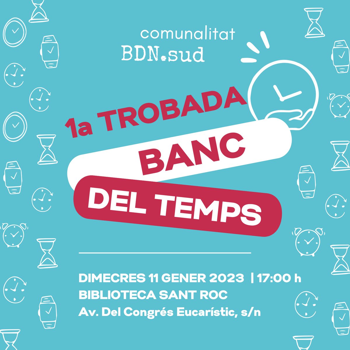 BdnSud's tweet photo. ⏳✨Posem en marxa el Banc del Temps #BDNsud ‼️
Intercanvia temps i coneixements.
🗓️Dimecres 11 de gener a les 17 h presentació a la Biblioteca de Sant Roc (Av.Del Congrés Eucarístic, s/n #Badalona) T'esperem!
I a tu, quin talent t'agradaria compartir? https://t.co/LdYmInXKY0