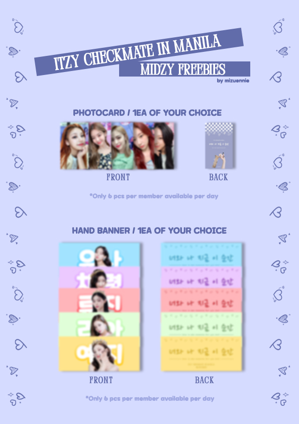 mizuennie's tweet photo. #ITZYinMANILA freebies part 1!

✦﹒open to all day 1 and day 2 goers! (team concert/labas)
✦﹒strictly 1:1 so we can accommodate more people
✦﹒refer to post for more details.

pls help me retweet and let this tweet reach more midzys. thank you! <3 https://t.co/I91mgyXKzQ