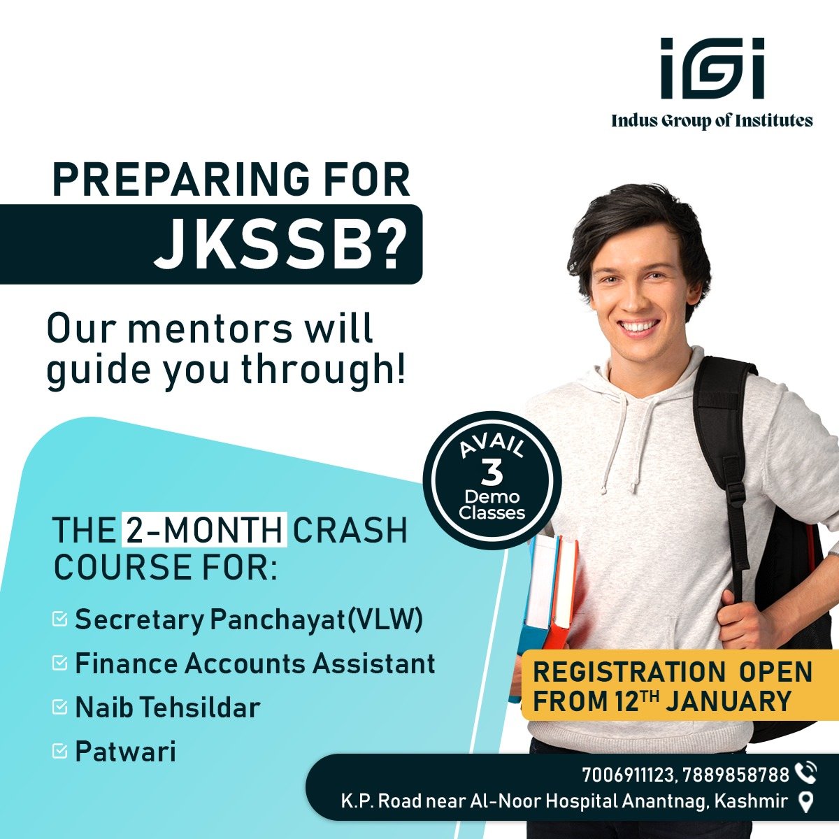 igianantnag's tweet photo. We are holding a 2-month crash course for JKSSB examinations, to help you crack through and secure a job. Register now, we have limited seats!
#Anantnag #IndusGroupOfInstitutes #KPRoad #Coaching #Science #Commerce #Arts #Tuitions #Excellence #Kashmir https://t.co/3Q8BV5PUwY