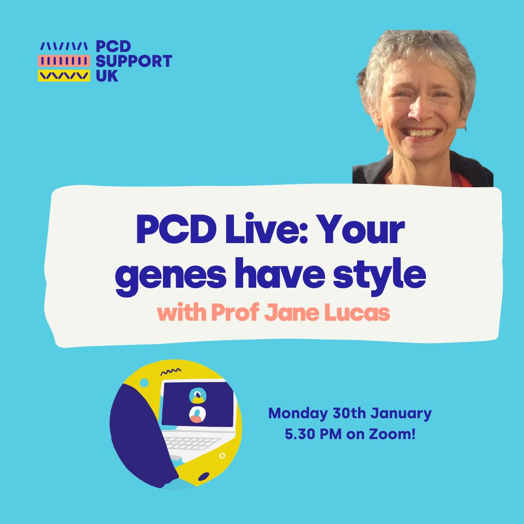 PCD_UK's tweet photo. Please welcome back #PCDLive! First up for 2023 is @JaneSLucas1 with "Your genes have style" on Mon 30th Jan.
Have you ever wondered if the gene that causes your family’s #PCD makes a difference to the symptoms? Join us to find out!
Sign up: https://t.co/3sC6Gd2cgb https://t.co/jEpYWXPm6J