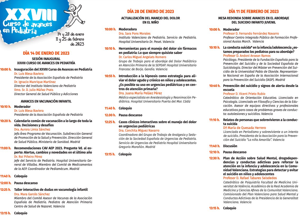 Sociedad Valenciana de Pediatría (@socvalped) on Twitter photo 🔴XXVIII Curso de avances en Pediatría
Se celebra los días 14 y 28 de enero y 11 y 25 de febrero en el <a href="/IICOMV/">Colegio de Médicos de Valencia</a>
Se tratarán diversos temas como los avances en dermatología pediátrica o el manejo del dolor en el niño
Cuenta con el aval de la <a href="/SOCVALPED/">Sociedad Valenciana de Pediatría</a>
socvalped.com/noticias/2023/… 🔴XXVIII Curso de avances en Pediatría
Se celebra los días 14 y 28 de enero y 11 y 25 de febrero en el <a href="/IICOMV/">Colegio de Médicos de Valencia</a>
Se tratarán diversos temas como los avances en dermatología pediátrica o el manejo del dolor en el niño
Cuenta con el aval de la <a href="/SOCVALPED/">Sociedad Valenciana de Pediatría</a>
socvalped.com/noticias/2023/…