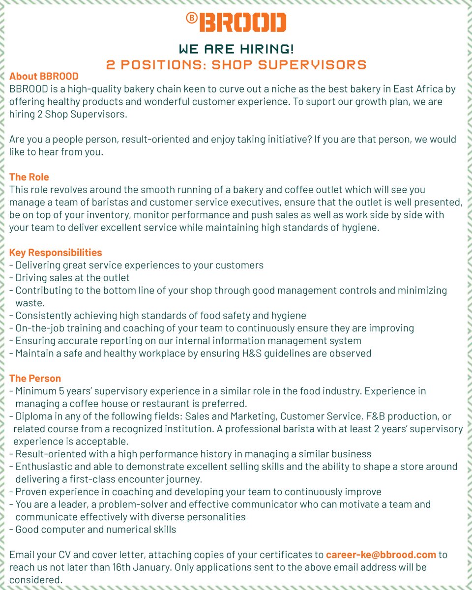 BBROODKenya's tweet photo. We are seeking to recruit two (2) Shop Supervisors to support our growth plan. Please see poster below for more information. 

Deadline: 16th January 2023
#BbroodHealthyLifestyle #wearehiring #recruitment #ikokazike #ikokazi https://t.co/IrCKCwg4yM