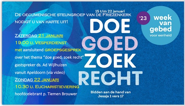 De Oecumenische Steungroep van de <a href="/FriezenkerkR/">Friezenkerk Rome</a>   nodigt u uit voor een vesperdienst en gesprek in het kader van de Week van gebed voor eenheid. friezenkerk.nl/2023/01/09/wee…