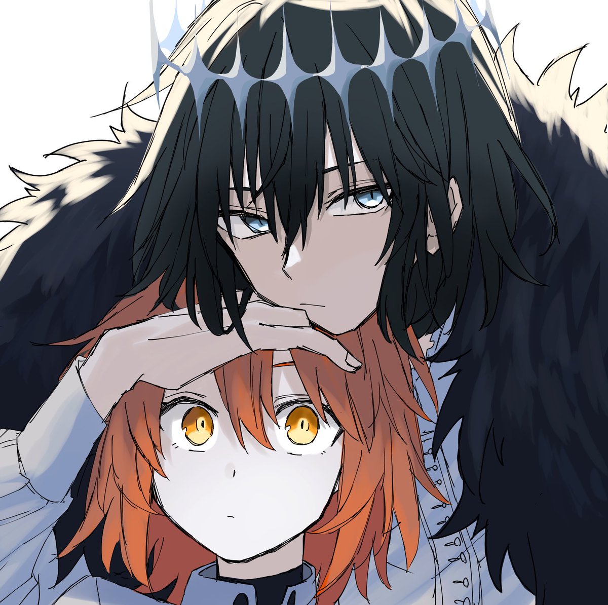 fujimaru ritsuka (female) ,oberon (fate) 1girl 1boy orange hair blue eyes black hair orange eyes crown  illustration images