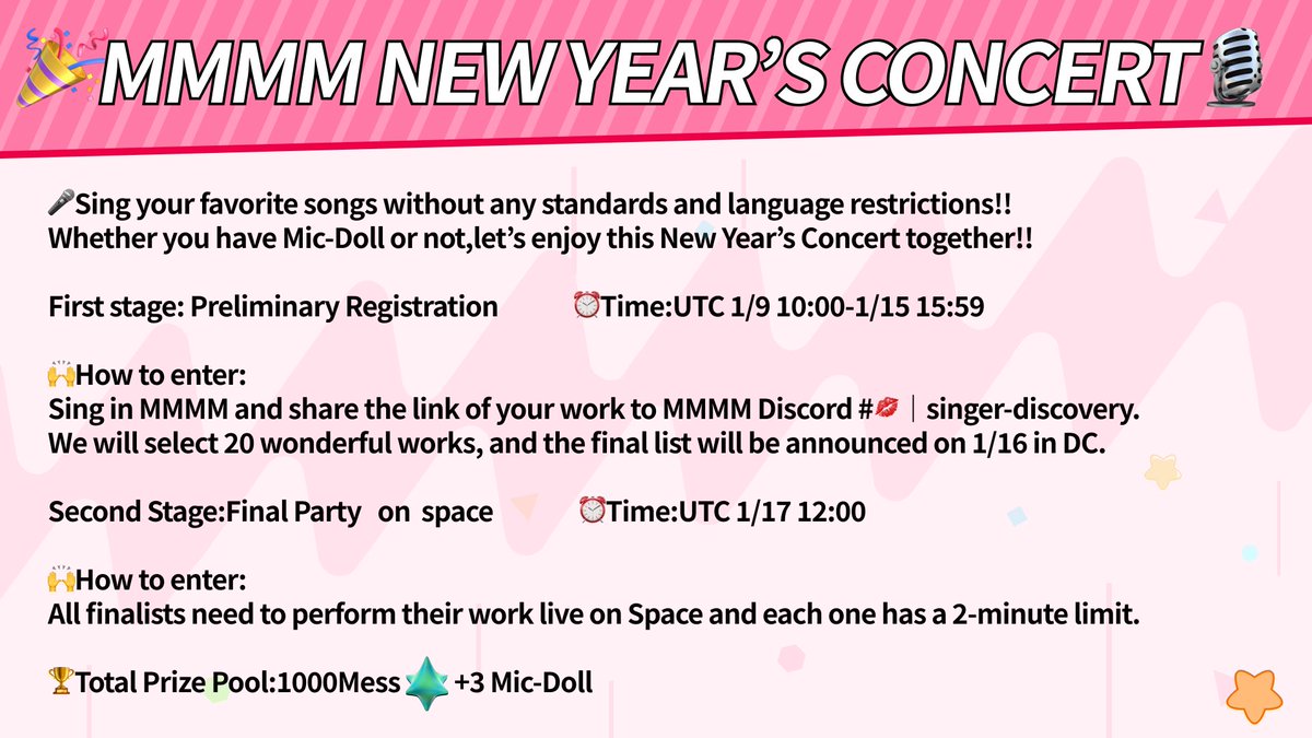 onchain_scope's tweet photo. 🎤【MMMM New Year’s Concert 】

⏰ Time: 1/9-1/17
🏆 Total Prize Pool: 1000Mess+3 Mic-Doll

💃Let’s sing all you love and enjoy it~

👀Check out more details in pictures

#MMMM #Web3Music #SocialFi #CreatorFi https://t.co/zVvySXS3Kf