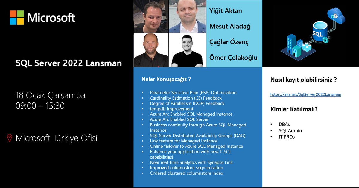 omer_colakoglu's tweet image. 18 Ocak&apos;ta ben de #SQLServer2022 ile gelen yeni özelliklerden,
-Enhance your application with new T-SQL capabilities!
-Near real-time analytics with Synapse Link
-Improved columnstore segmentation
-Ordered clustered columnstore index
konularını anlatacağım.
Bekleriz. 😊