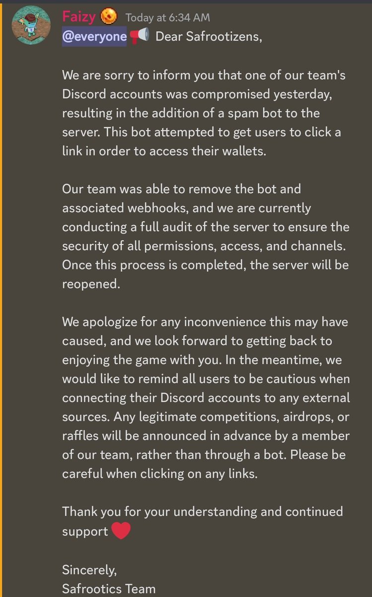 safrootics's tweet photo. Hello #Safrootizens 

Please see the update below regarding the discord server. https://t.co/9ZP1AJVCJl