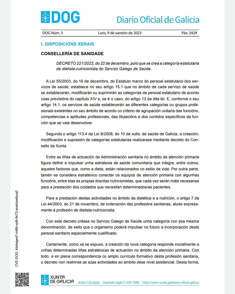 codinugal's tweet image. 📣 Arrancamos el 2023 con la publicación oficial en el DOG de la creación de la categoría estatutaria de dietista-nutricionista en el SERGAS.
@SanidadeXunta 
xunta.gal/dog/Publicados…