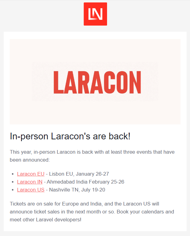 LaravelPB's tweet photo. @LaraconIN @LaraconEU @LaraconUS In-Person is back 🏃

📢Featured in @laravelnews https://t.co/4GlGO5hOUS