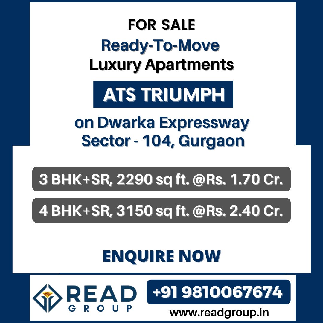 readproperties1's tweet photo. ☑️ For Sale | Ready-To-Move | Luxury Apartments
☑️ ATS TRIUMPH, Sector - 104, Gurgaon
☑️ 3 BHK+SR, 2290 sq ft. @Rs. 1.70 Cr.
☑️ 4 BHK+SR, 3150 sq ft. @Rs. 2.40 Cr.
...............
☑️ Call at +91 9810067674
.
.
.
#apartments #property #properties #gurgaon #flats 
#flat https://t.co/nRzEAtT28a