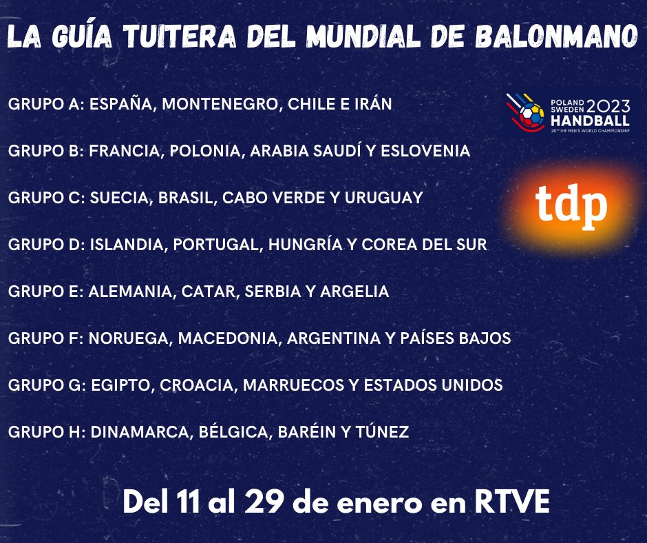 🥁 Balonmaneros y balomaneras, bienvenidos a la

📖 𝙂𝙐𝙄́𝘼 𝙏𝙐𝙄𝙏𝙀𝙍𝘼 𝘿𝙀𝙇 𝙈𝙐𝙉𝘿𝙄𝘼𝙇 𝘿𝙀 𝘽𝘼𝙇𝙊𝙉𝙈𝘼𝙉𝙊

🤾‍♂️ Como sabemos que tenéis unas ganas locas de que comience el torneo, hemos preparado una guía con todos los equipos 🧵

#HispanosRTVE #POLSWE2023