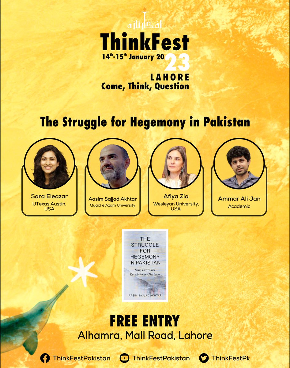 ThinkFestPK's tweet photo. Join us for the launch of Prof @AasimSajjadA book. With Dr Afiya Zia, Sarah Eleazar, and @ammaralijan. #thinkfest2023 @Folio_Books @BilalZahuur https://t.co/nIdJhr7cto