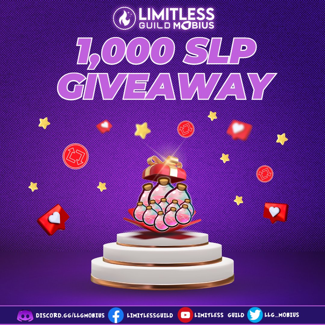 Gain the opportunity to win 1,000 SLP!

to enter:
✅Follow <a href="/LLG_Mobius/">LimitLess Guild Mobius</a> <a href="/NabzOfficial_/">NabzOfficial 👑</a> on twitter
✅Retweet this post
✅Tag 3 friends
✅Join our server
 discord.gg/llgmobius

🗓️Announced on January 15, 2023🔥

#AxieInfinity #AxieOrigin #StayLimitless