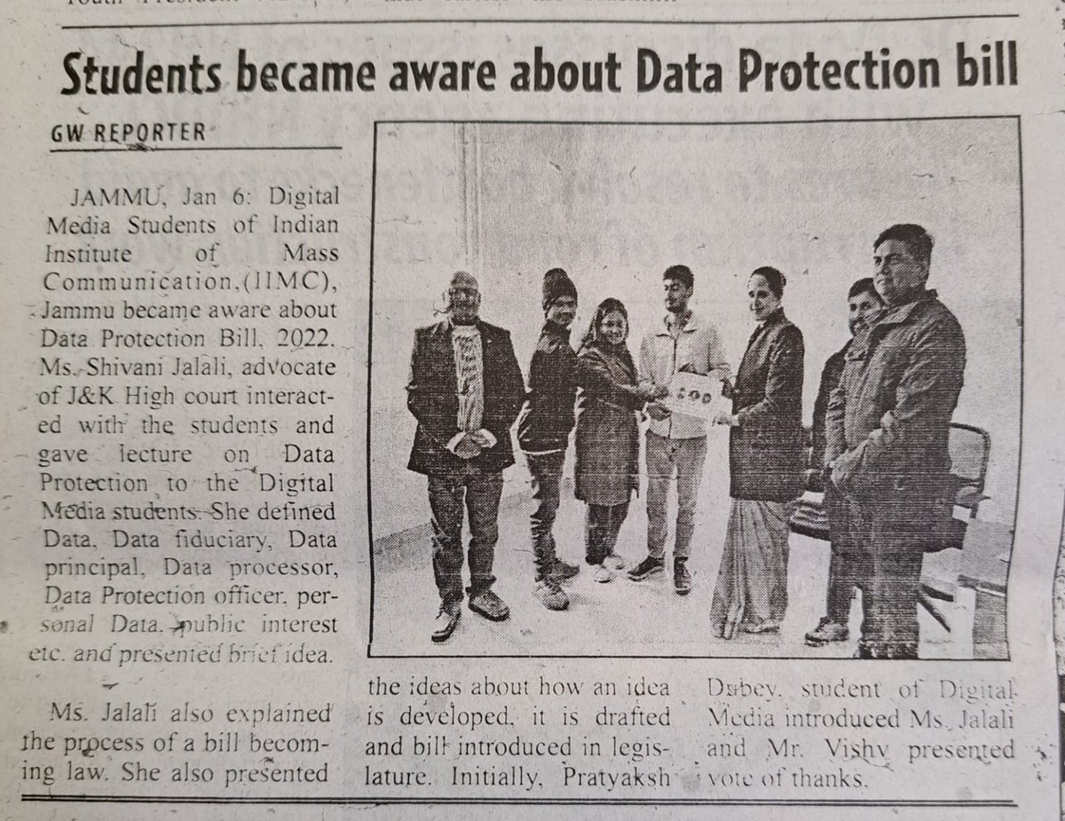 IIMC_India's tweet image. Ms. Shivani Jalali, advocate of J&K High Court interacted with the students of #Digital_Media at @iimcjammu and gave lecture on #Data_Protection. 
#IIMC_News @MIB_India @ProfSanjay_IIMC @DrRakeshGoswami