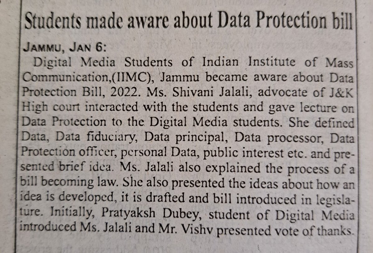 IIMC_India's tweet image. Ms. Shivani Jalali, advocate of J&K High Court interacted with the students of #Digital_Media at @iimcjammu and gave lecture on #Data_Protection. 
#IIMC_News @MIB_India @ProfSanjay_IIMC @DrRakeshGoswami