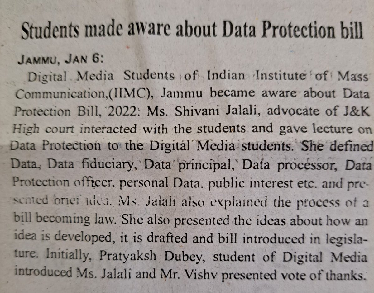 IIMC_India's tweet image. Ms. Shivani Jalali, advocate of J&K High Court interacted with the students of #Digital_Media at @iimcjammu and gave lecture on #Data_Protection. 
#IIMC_News @MIB_India @ProfSanjay_IIMC @DrRakeshGoswami