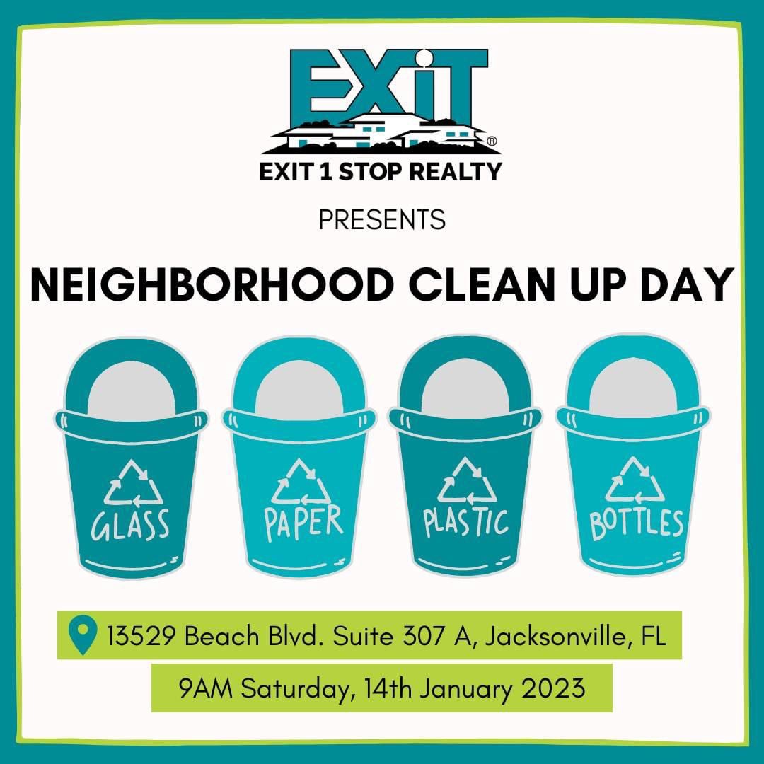 EXIT 1 Stop Realty has partnered up with @keepjaxbeautiful, @sjriverkeeper, Hommati 150 - Real Estate Photography, and SpaceMakers Removal  to clean up the public property behind our building and you are invited! 🫶

🧼 Neighborhood Clean up Day 🧼 will be January 14th at 9am!