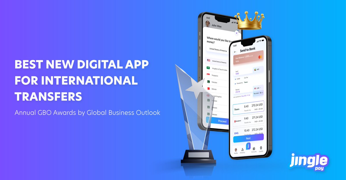 jinglepay's tweet photo. We’re starting the year with a major #Win!
@jinglepay won the Best New Digital App for International Transfers- UAE 2022 at the Annual GBO Awards 2022 by Global Business Outlook - 
#Congratulations &amp; many thanks to all #Jinglers working hard to perfect the Jingle Pay app https://t.co/Td14CVSO8X