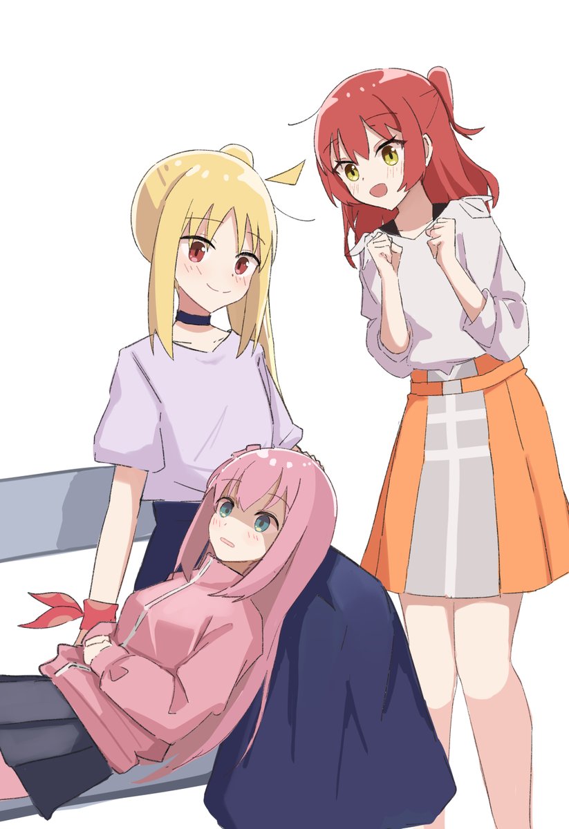 gotou hitori ,ijichi nijika multiple girls blonde hair skirt 3girls pink hair lap pillow pink jacket  illustration images