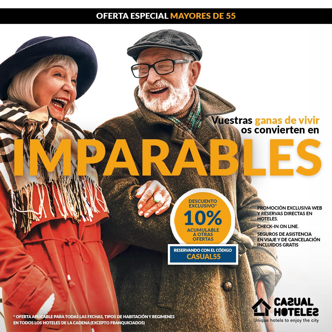 CasualHoteles's tweet photo. Si tienes más de 55 años reserva en nuestra web y usa el código CASUAL55. Obtendrás un 10% de descuento exclusivo con seguro de viaje y cancelación totalmente gratuito.
Promoción válida para reservas realizadas hasta el 28 de febrero.
https://t.co/yxwkf80bIM https://t.co/JYmPAgiDrM