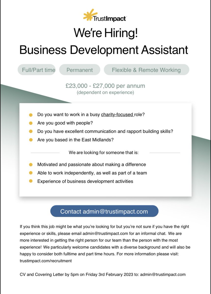 We are #hiring! We are looking for a Business Development Assistant to join our team. 

More details available on our website:

trustimpact.com/recruitment/

#Charity #Impact #ThirdSector #Jobs #Data #BusinessDevelopment
