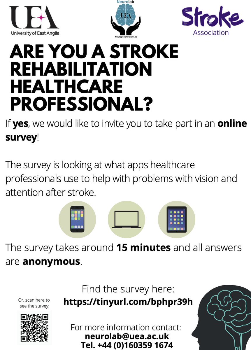 Are you a healthcare professional working with stroke patients? 

📣📣Take part in our study📣📣

At the Neurolab we are exploring the use of apps for the rehabilitation of vision and attentional problems post-stroke...

Use this link to take part! stephanierossit.com/app-use-survey