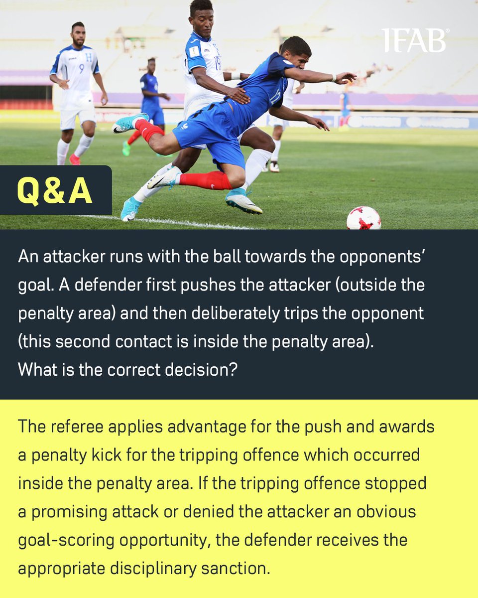 An attacker runs with the ball towards the opponents’ goal. A defender first pushes the attacker (outside the penalty area) and then deliberately trips the opponent (this second contact is inside the penalty area). What is the correct decision? ➡️ bit.ly/_Sanctions