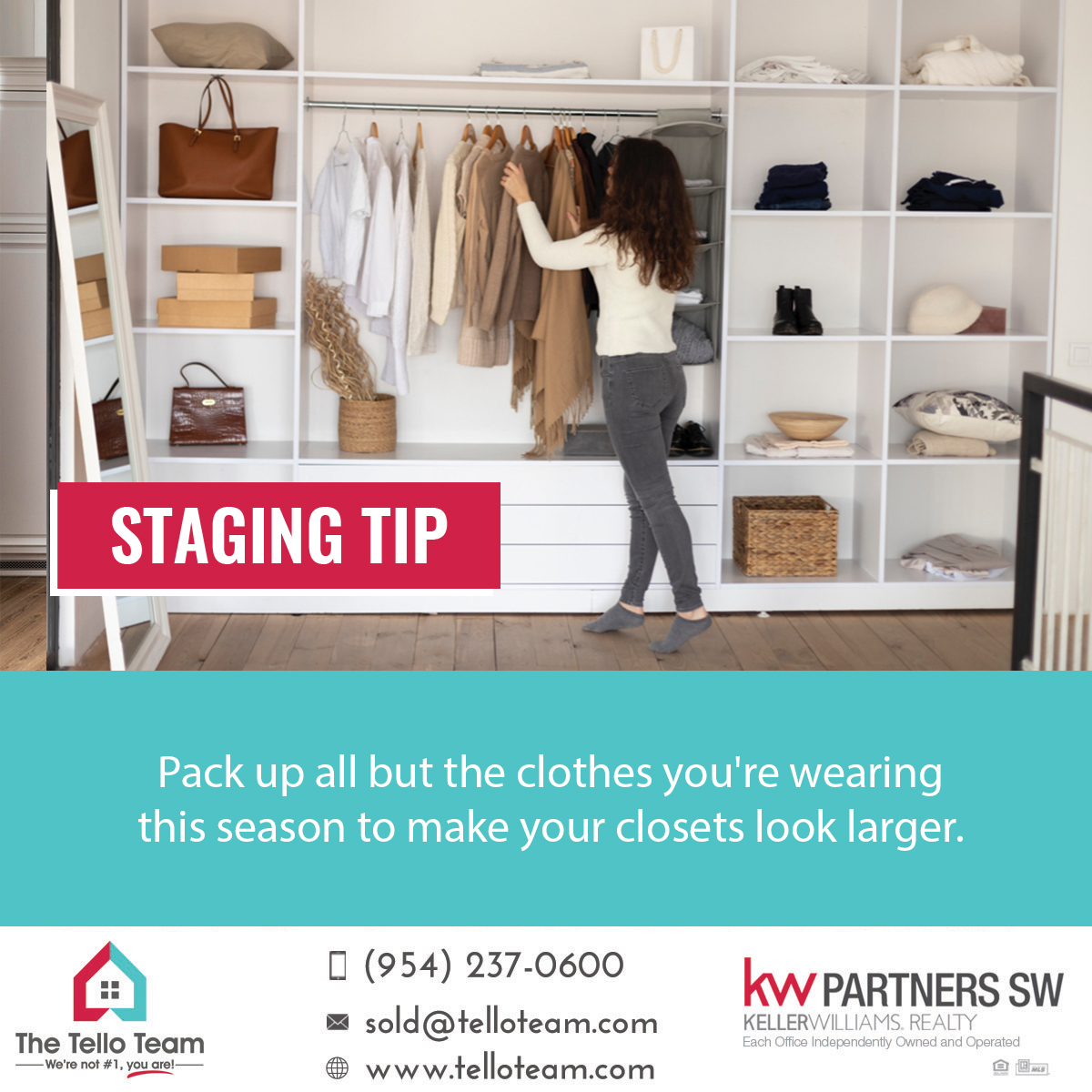 Pack up all but the clothes you're wearing this season to make your closets look larger.

#stagingtip #homestaging #miamihomes #thetelloteam #realtor #realestatebroker
