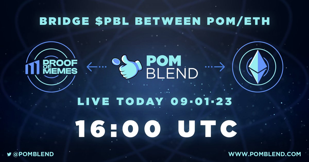 Hello PomBlend family! We're excited to announce that from today at 16:00 UTC you will be able to bridge your $PBL between $POM and $ETH blockchains! 🔥 Let's keep building together, pomblenders! 💥 🔥🔥🔥🔥🔥