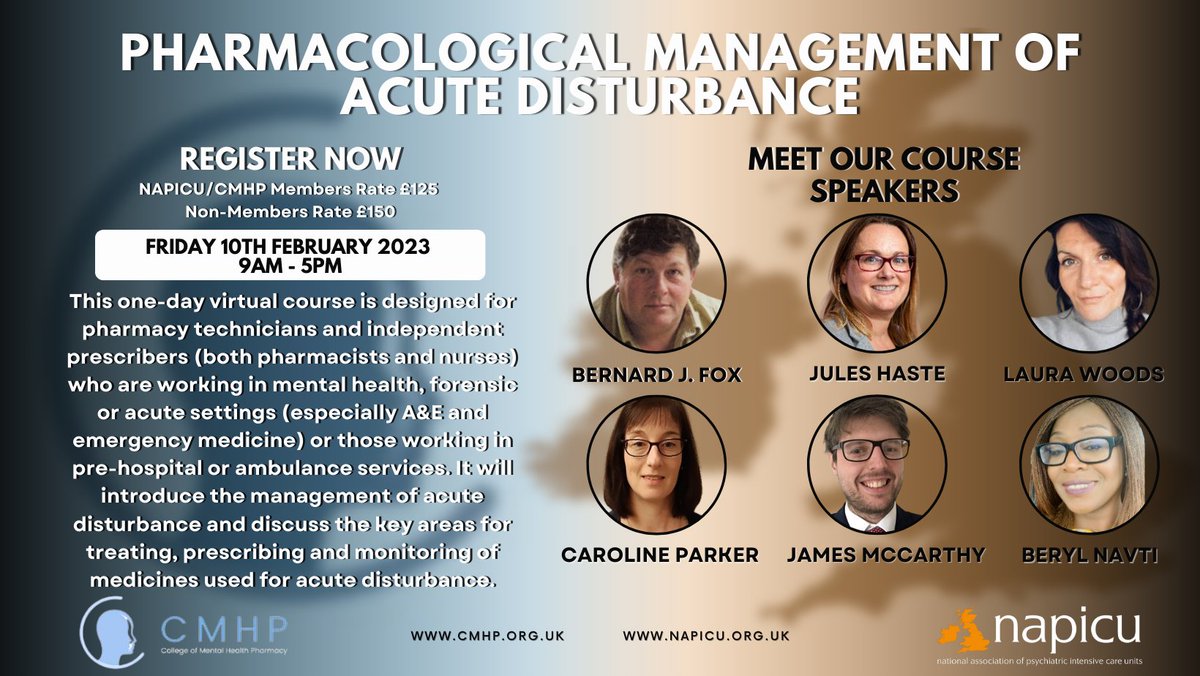 **COURSE ANNOUNCEMENT**
CMHP &amp; NAPICU are coming together to bring you the Pharmacological Management of Acute Disturbance Course this February 2023🤩! 
Find out more info here - 
napicu.org.uk/pharmacologica…

Secure your place today to avoid missing out. We hope to see you there!