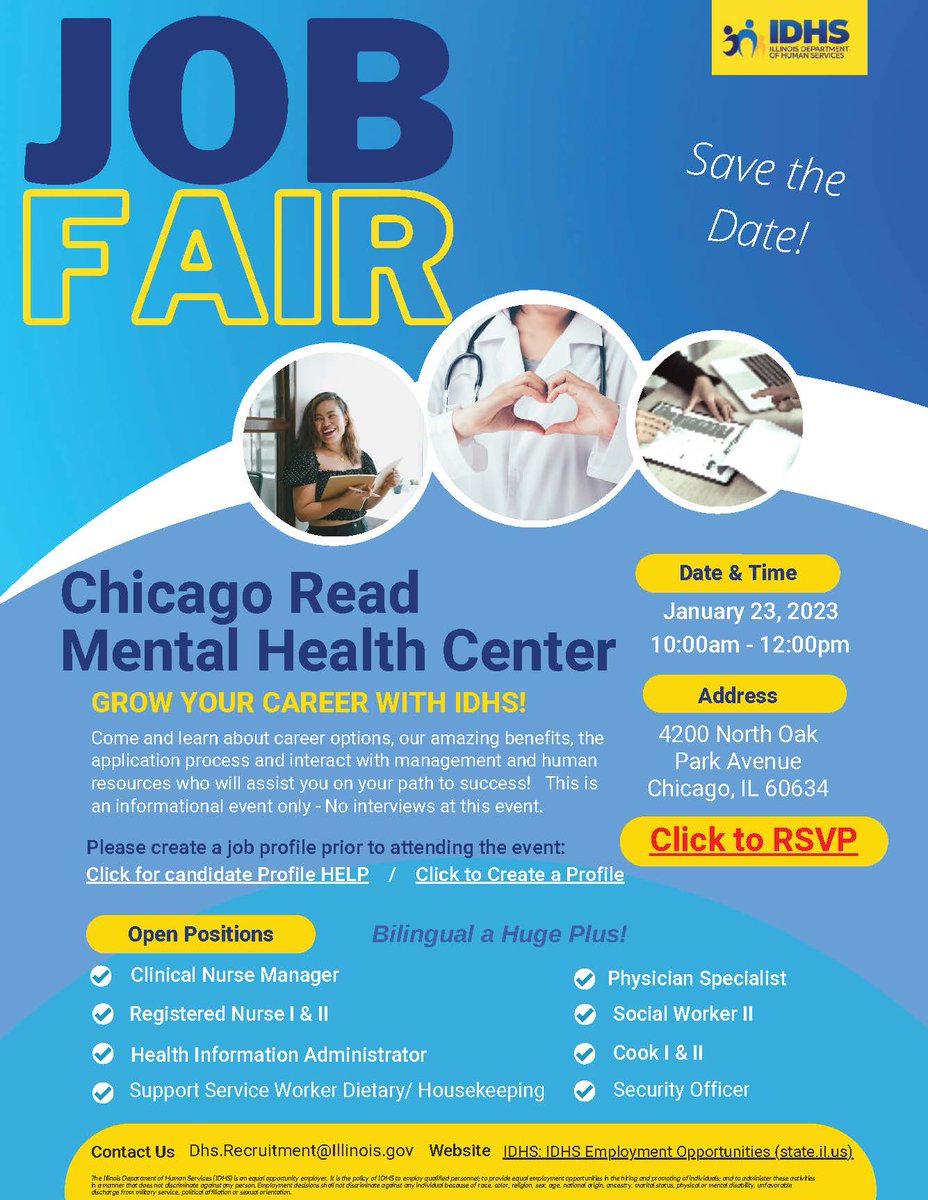 IllinoisCMS's tweet photo. Please join the Illinois Department of Human Services on January 23rd to explore your potential next career opportunity.
RSVP online: https://t.co/L6q2Sr2K2p
Chicago Read Mental Health Center
4200 N. Oak Park Ave
Chicago, IL
In-person: 10:00am-12:00pm CST
#CMS #ILCMS #IDHS https://t.co/TLWYm5PnVf
