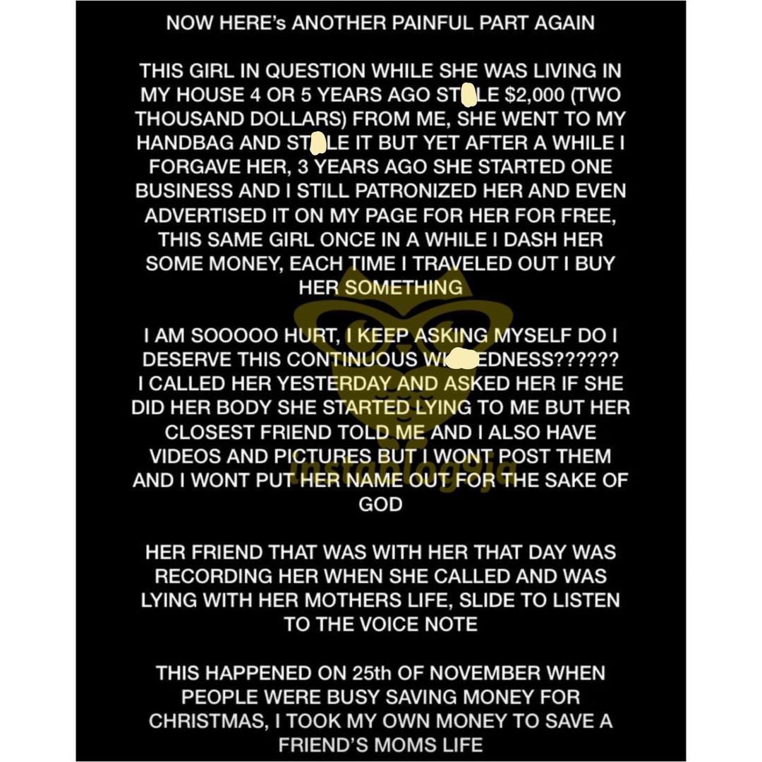 Instablog9ja on X: My friend sc@mmed me of N1.5m by claiming her mom was  in need of a kidney transplant, only for her to use the money to do  cosmetic surgery —