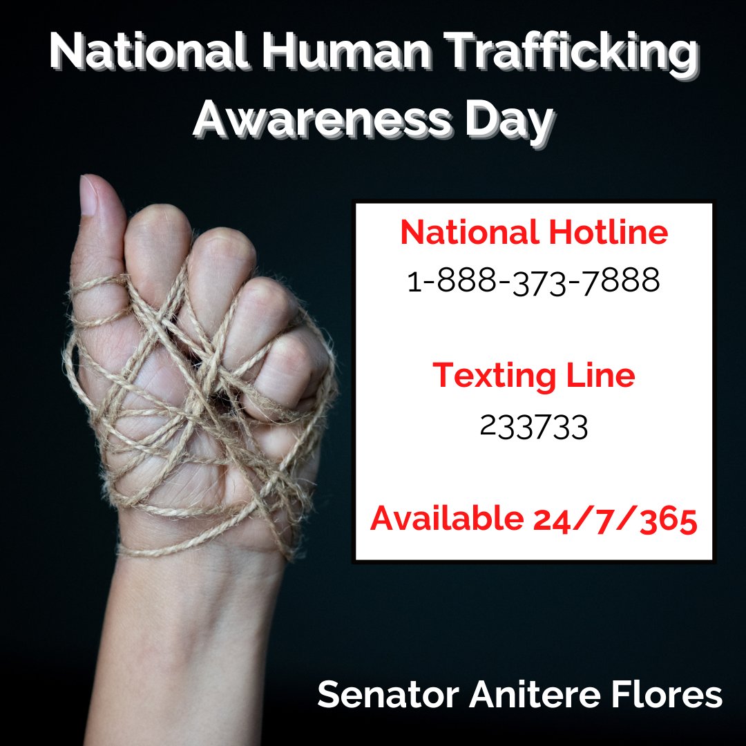 anitere_flores's tweet photo. Human beings aren't property. Human beings aren't for sale.
Please report suspected trafficking to the Hotline. Your call is 100% confidential and will be processed by a highly trained Anti-Trafficking Hotline Advocate.

#senatoranitereflores  #HumanTraffickingAwarenessDay https://t.co/jWWdBdYNAT