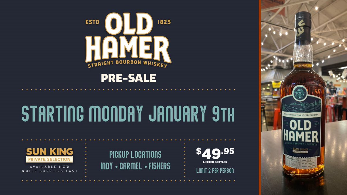 Our 4th Sun King's Old Hamer Private Selection Barrel from @westforkwhiskey is now available for pre-sale! $49.95 per bottle. Limit 2 per purchase. On sale NOW through 2/6 while supplies last. Pick-up starting 2/10. Purchase here: bit.ly/3QoKw7F or by the @get_oznr app