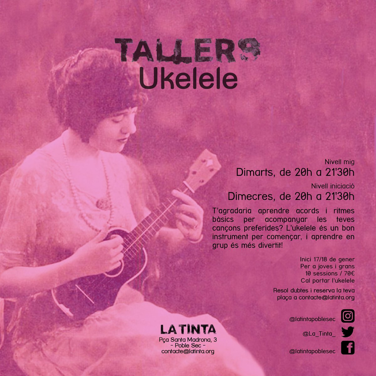 La setmana que ve també comencem trimestre nou al taller d'#ukelele.
Tenim els dos grups gairebé plens! Si voleu venir, reserveu plaça a contacte@latinta.org

#tallers #poblesec