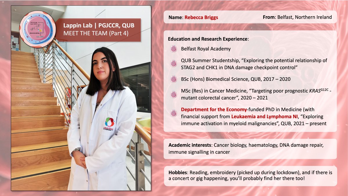 MEET THE TEAM (Part 4)

Kicking off 2023, is 2nd year PhD student, Rebecca Briggs!

NB: We appreciate that there may be some unfamiliar terms used in the image so if you have any queries, drop them in the comments below!

#bloodcancerresearch | #researcherspotlight | #WomenInSTEM